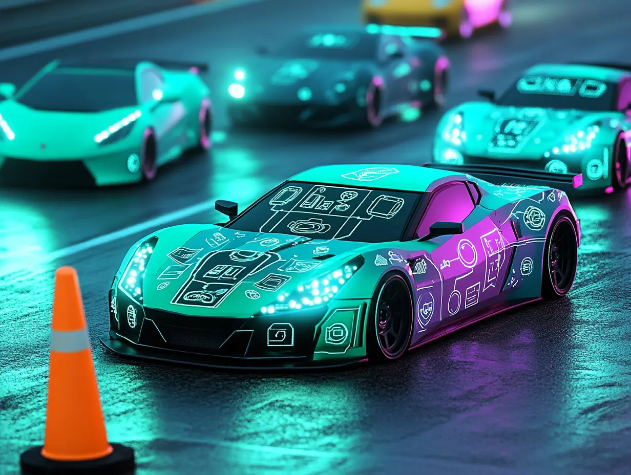 Speeding cars on a neon night track, each branded with an AI coding tool decal — the vibe-coding fast lane