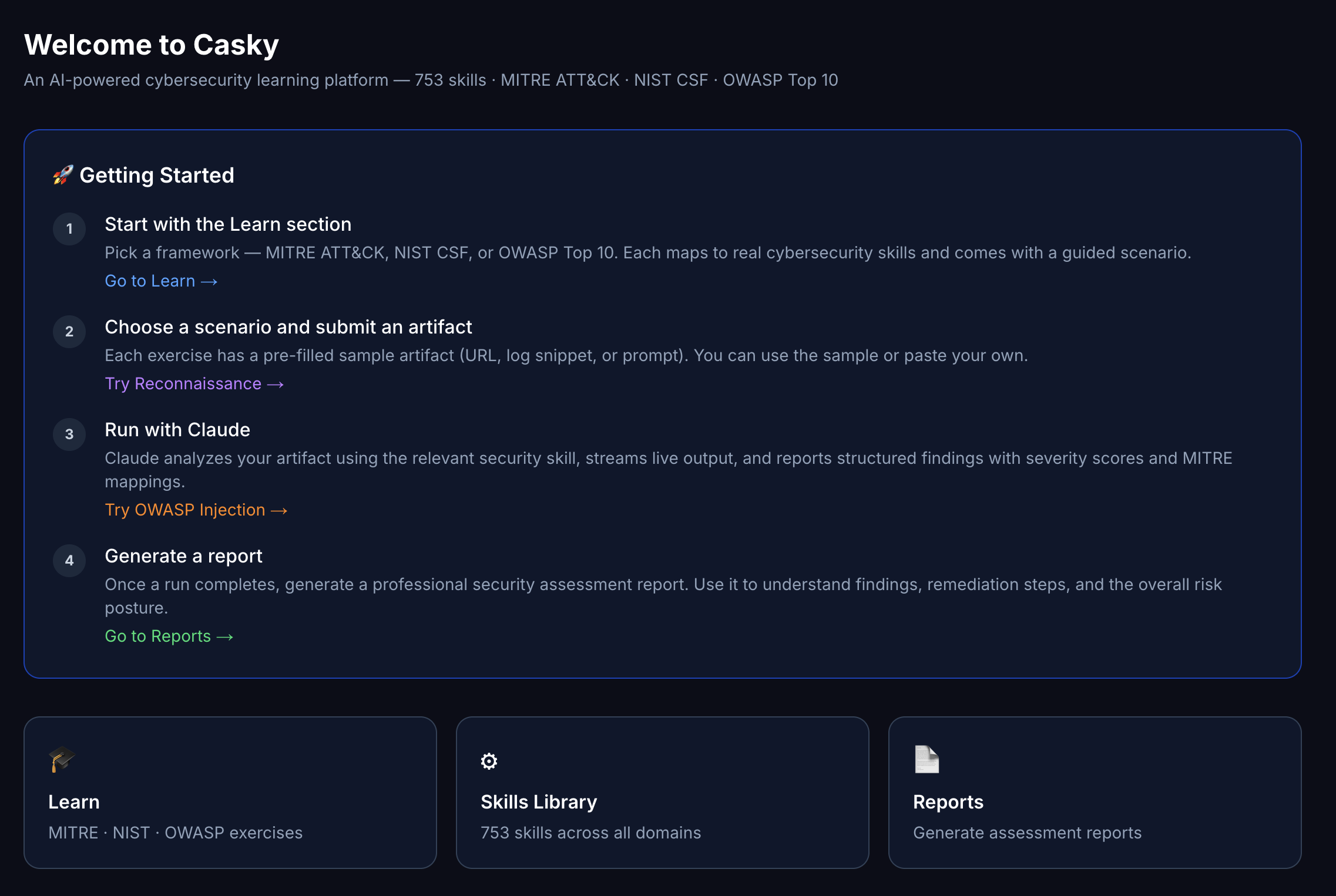 Your mission control — runs, findings, and activity at a glance