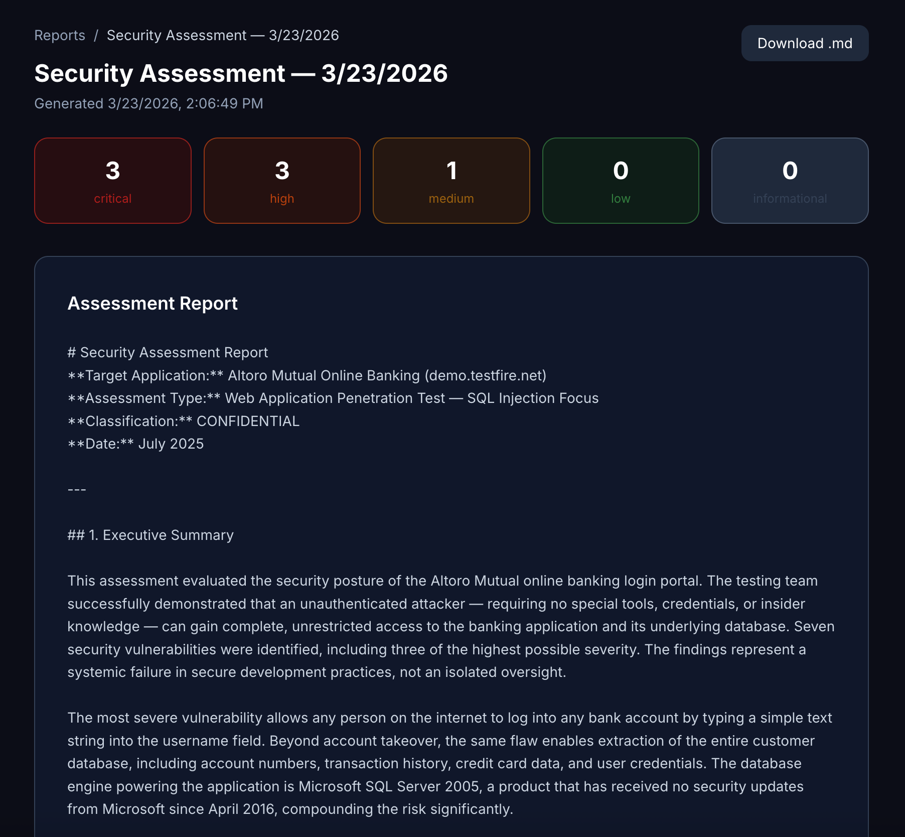 Export full reports — executive summary, findings, remediation
