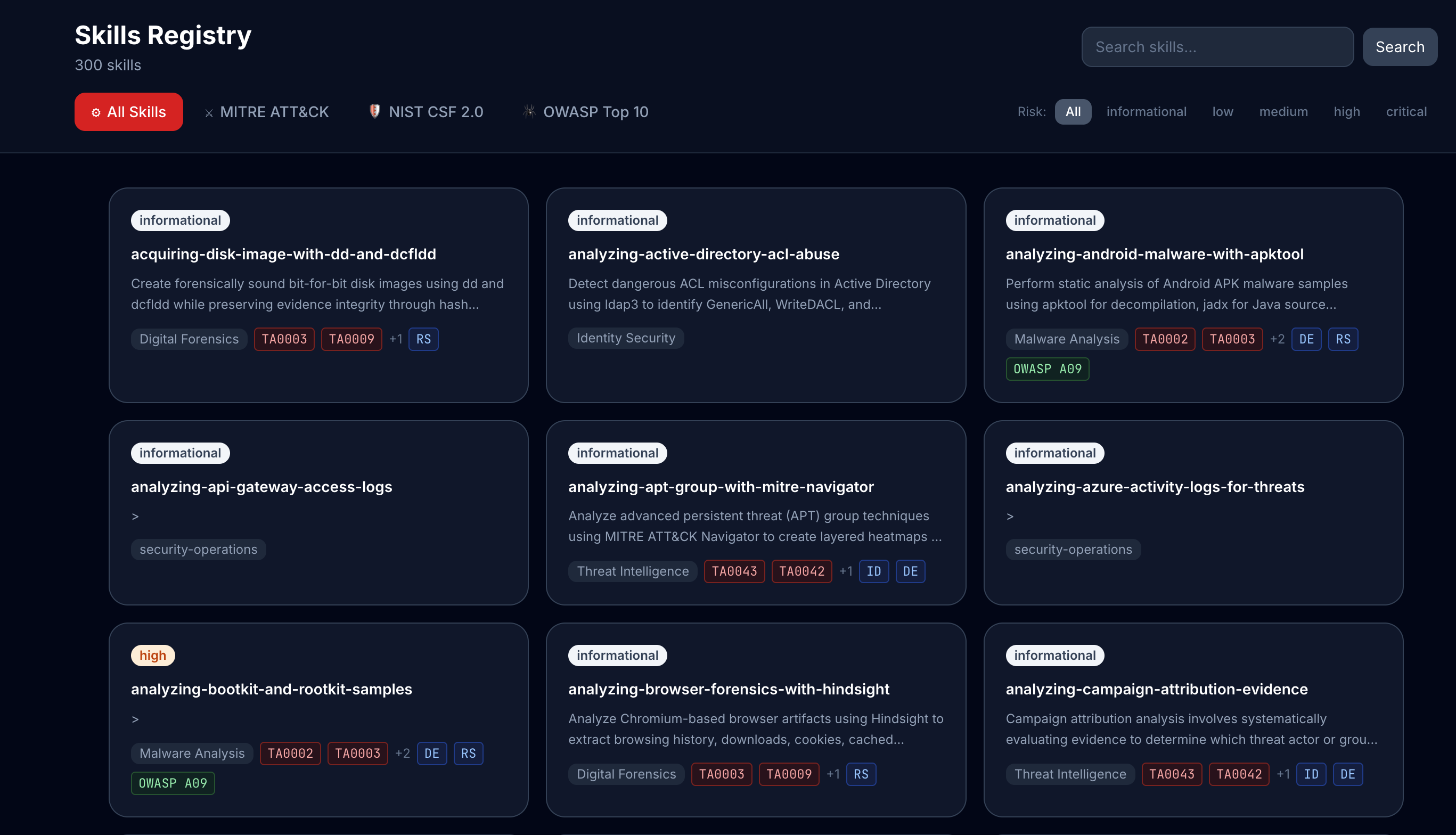 754 skills mapped to MITRE ATT&CK, NIST CSF, and OWASP