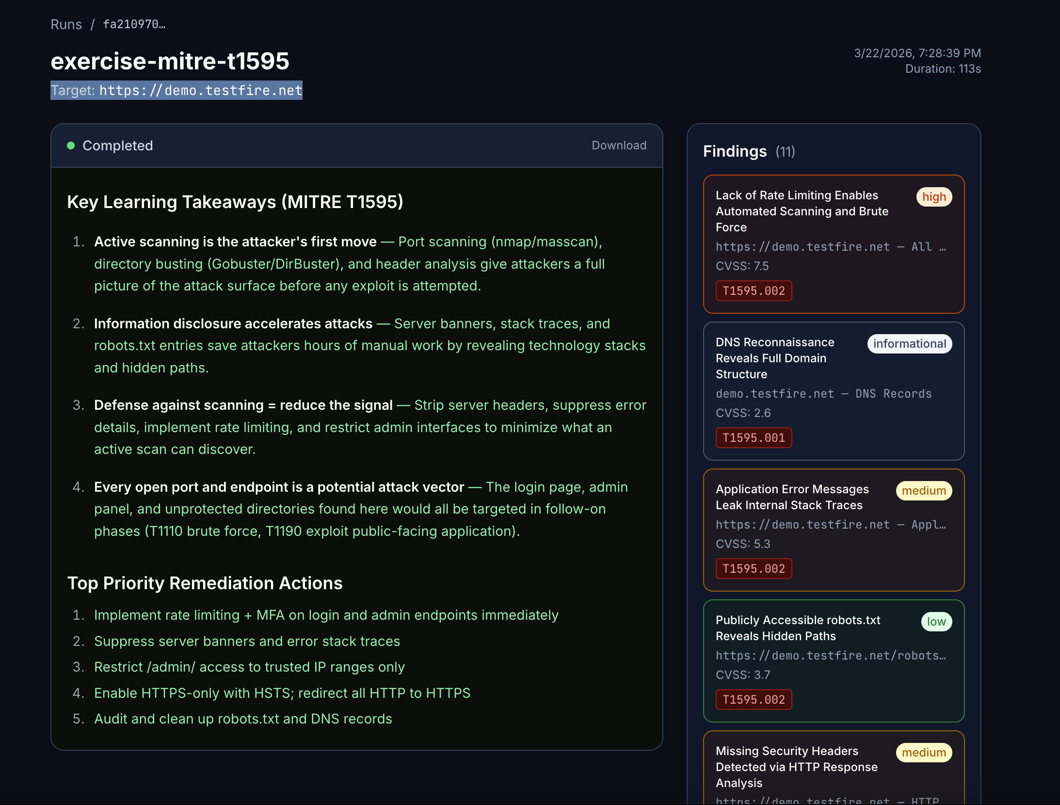 Detailed run output with linked findings